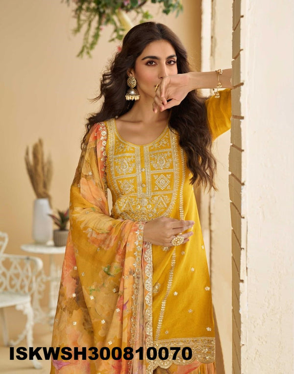 Embroidered Chinon Silk Kurti With Printed Sharara And Dupatta-ISKWSH300810070