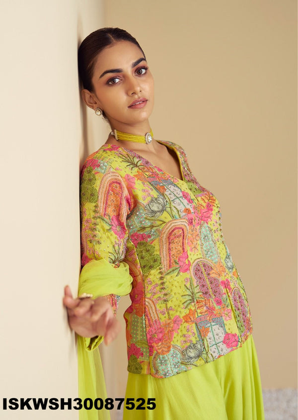 Printed Chinon Top With Sharara And Net Dupatta-ISKWSH30087525