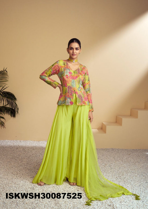 Printed Chinon Top With Sharara And Net Dupatta-ISKWSH30087525