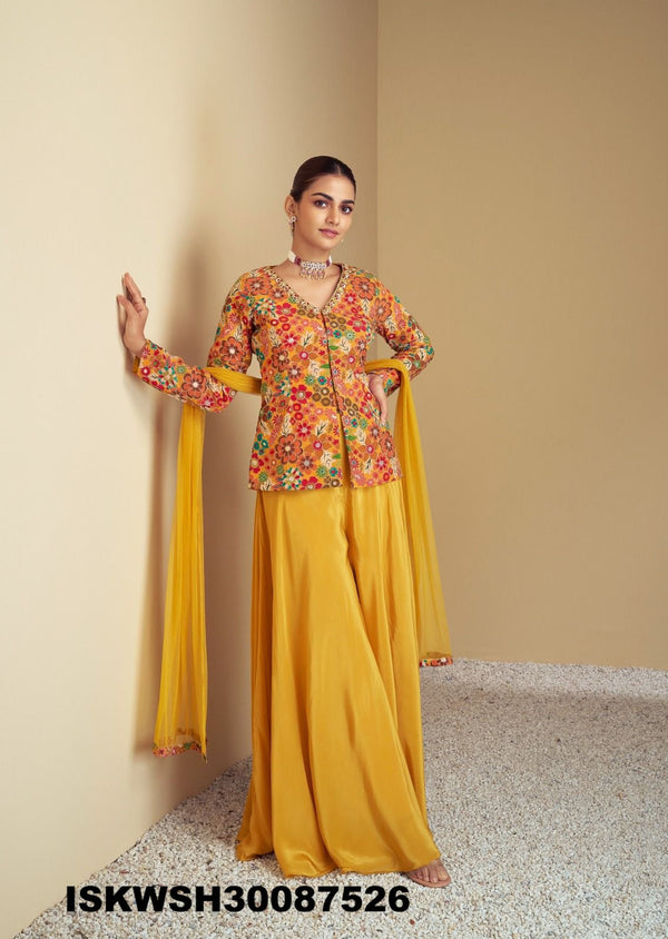 Printed Chinon Top With Sharara And Net Dupatta-ISKWSH30087526