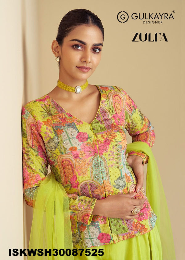 Printed Chinon Top With Sharara And Net Dupatta-ISKWSH30087525