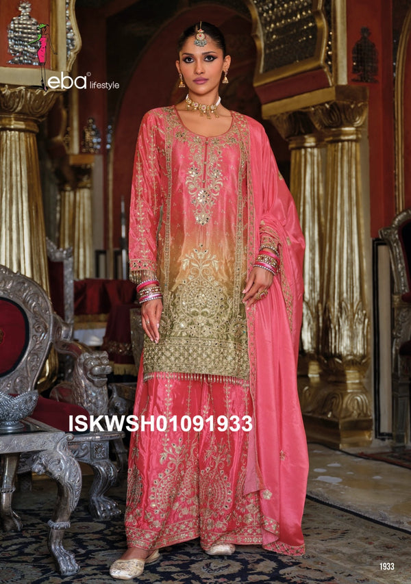 Digital Printed Chinon Kurti With Sharara And Embroidered Dupatta-ISKWSH01091933/34