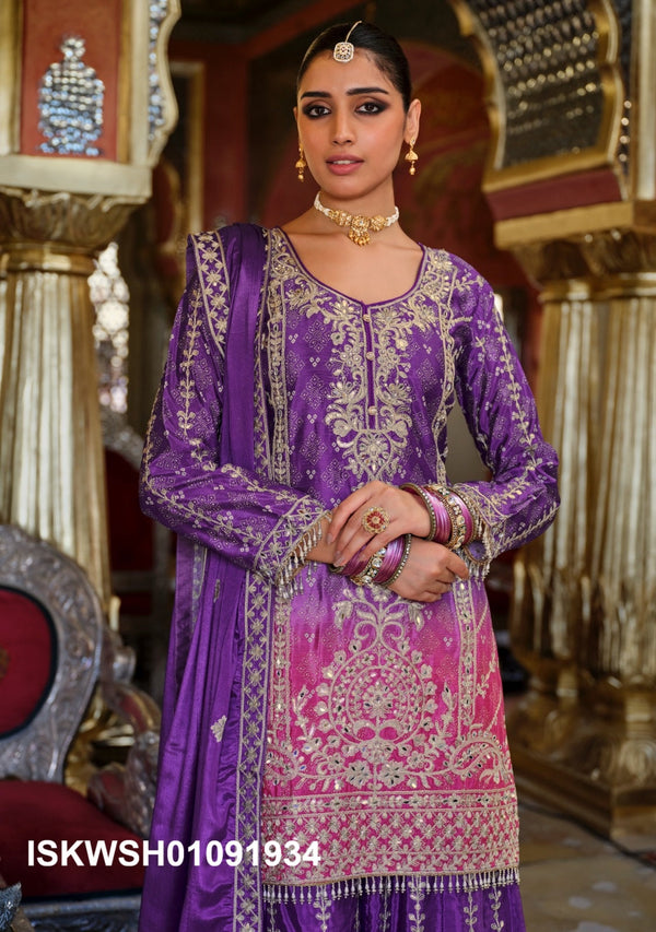 Digital Printed Chinon Kurti With Sharara And Embroidered Dupatta-ISKWSH01091933/34