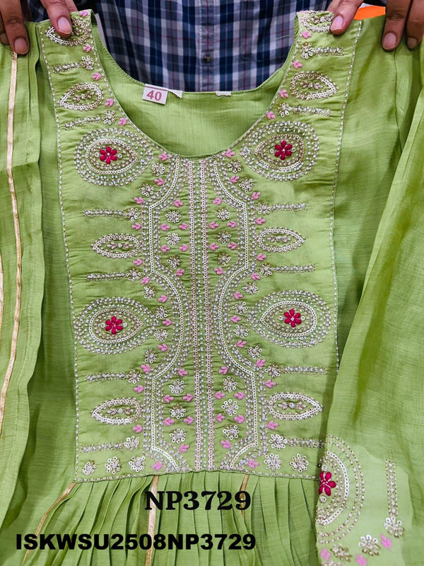 Embroidered Malmal Chanderi A-Line Kurti With Pant And Dupatta-ISKWSU2508NP3729