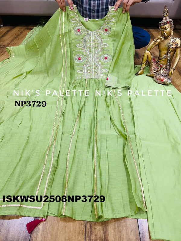 Embroidered Malmal Chanderi A-Line Kurti With Pant And Dupatta-ISKWSU2508NP3729
