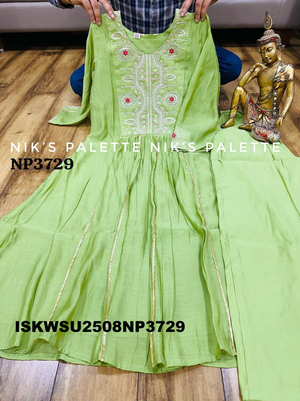 Embroidered Malmal Chanderi A-Line Kurti With Pant And Dupatta-ISKWSU2508NP3729