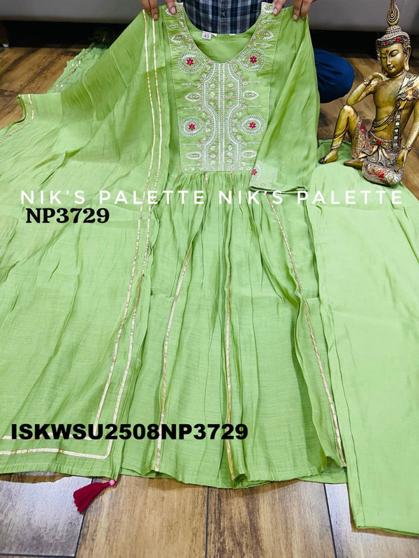 Embroidered Malmal Chanderi A-Line Kurti With Pant And Dupatta-ISKWSU2508NP3729