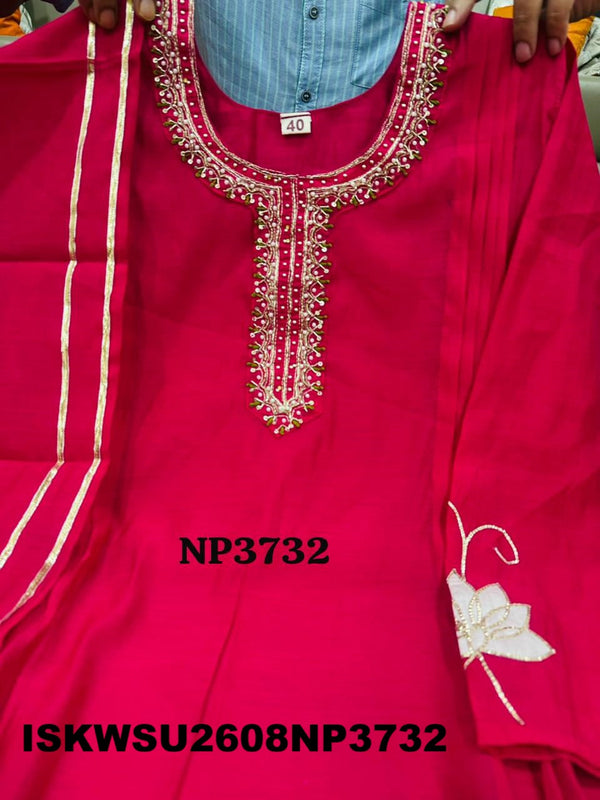 Embroidered Malmal Chanderi A-Line Kurti With Pant And Dupatta-ISKWSU2608NP3732