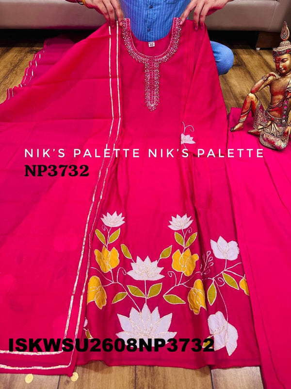 Embroidered Malmal Chanderi A-Line Kurti With Pant And Dupatta-ISKWSU2608NP3732