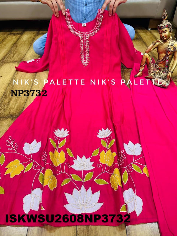 Embroidered Malmal Chanderi A-Line Kurti With Pant And Dupatta-ISKWSU2608NP3732