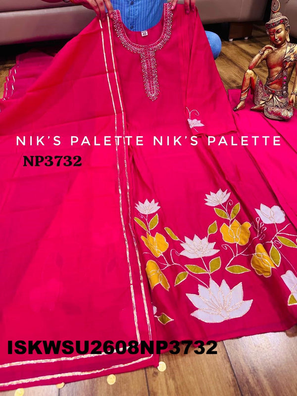 Embroidered Malmal Chanderi A-Line Kurti With Pant And Dupatta-ISKWSU2608NP3732