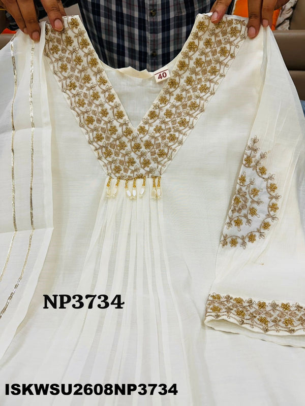 Embroidered Malmal Chanderi A-Line Kurti With Pant And Dupatta-ISKWSU2608NP3734