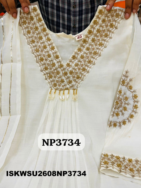 Embroidered Malmal Chanderi A-Line Kurti With Pant And Dupatta-ISKWSU2608NP3734