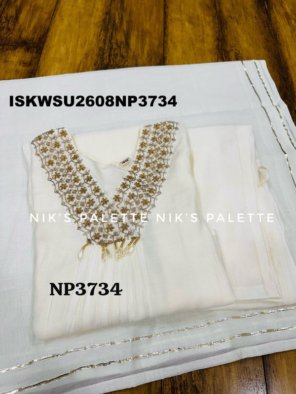 Embroidered Malmal Chanderi A-Line Kurti With Pant And Dupatta-ISKWSU2608NP3734