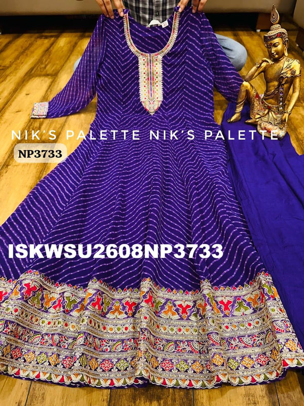 Bandhani Printed Georgette Anarkali Kurti With Pant And Net Dupatta-ISKWSU2608NP3733