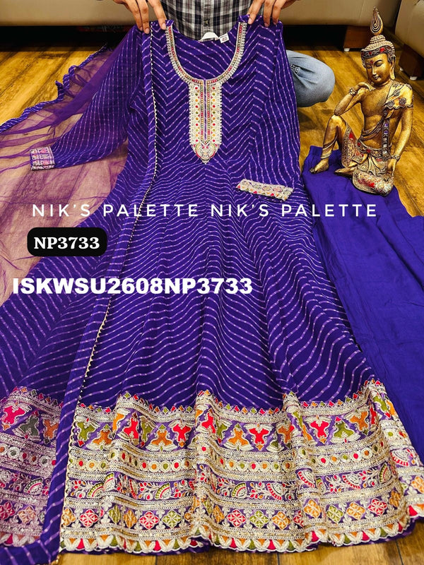 Bandhani Printed Georgette Anarkali Kurti With Pant And Net Dupatta-ISKWSU2608NP3733