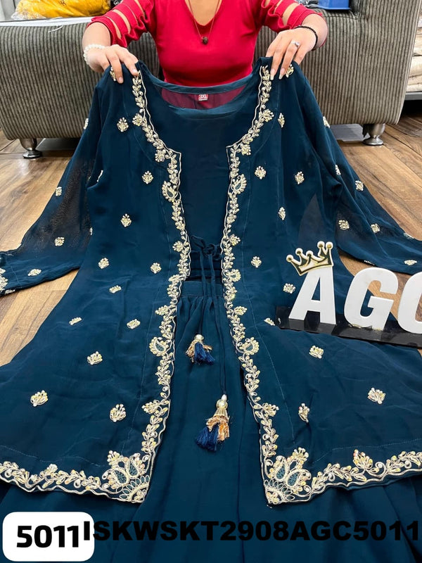 Georgette Skirt With Crop Top And Embroidered Shrug-ISKWSKT2908AGC5011