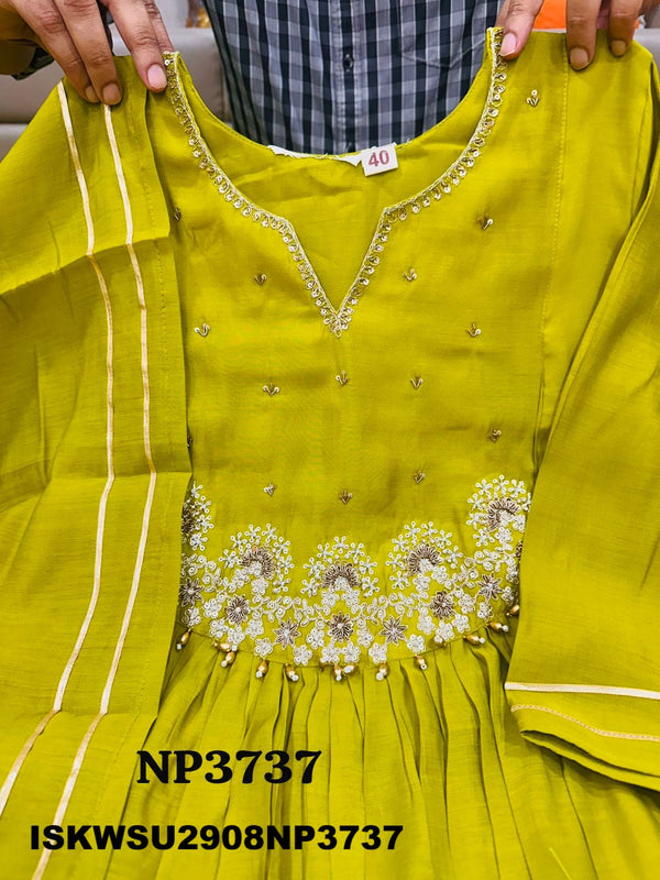 Embroidered Malmal Chanderi A-Line Kurti With Pant And Dupatta-ISKWSU2908NP3737