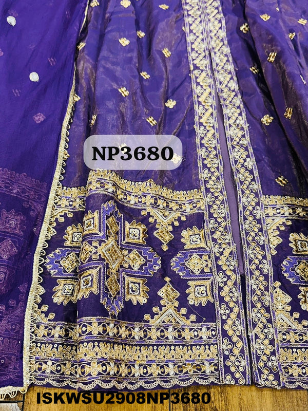 Embroidered Tissue Silk Front Slit Anarkali Kurti With Pant And Sequined Dupatta-ISKWSU2908NP3680