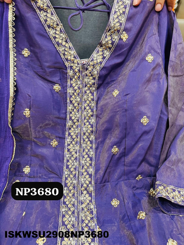 Embroidered Tissue Silk Front Slit Anarkali Kurti With Pant And Sequined Dupatta-ISKWSU2908NP3680