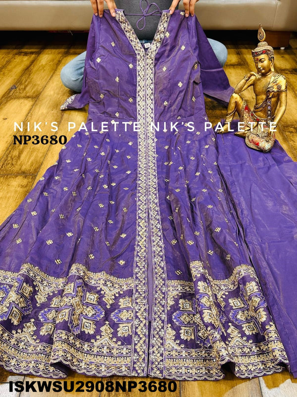 Embroidered Tissue Silk Front Slit Anarkali Kurti With Pant And Sequined Dupatta-ISKWSU2908NP3680