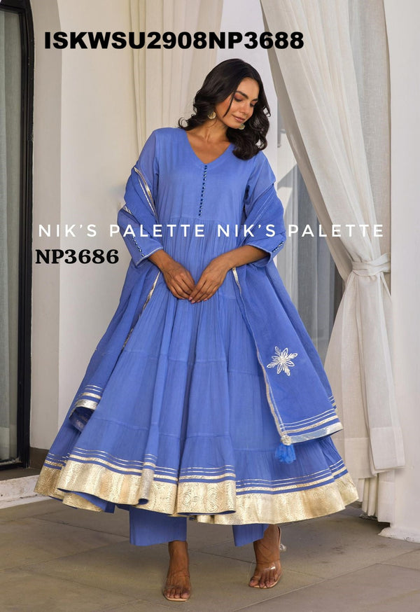 Sequined Malmal Cotton Anarkali Kurti With Pant And Dupatta-ISKWSU2908NP3688