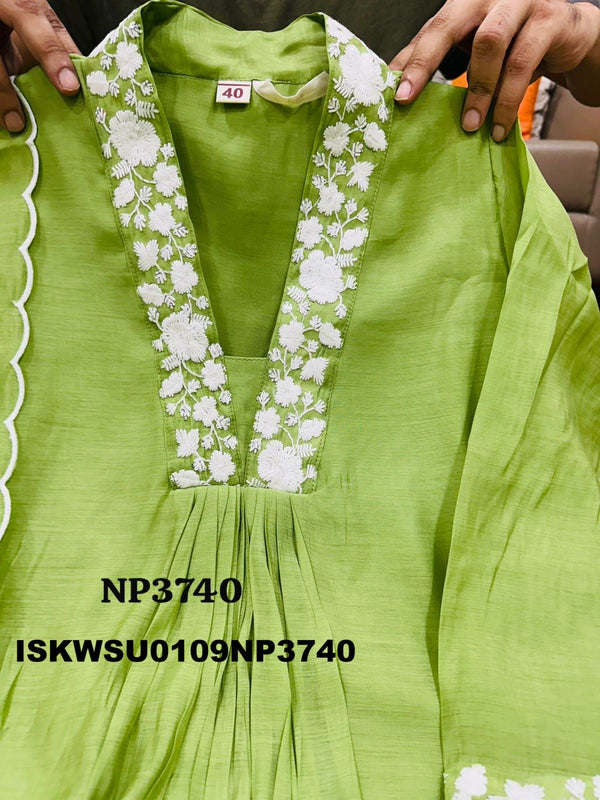 Embroidered Malmal Chanderi A-Line Kurti With Pant And Dupatta-ISKWSU0109NP3740
