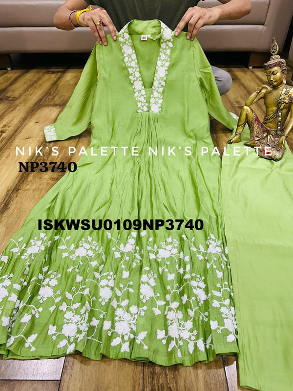 Embroidered Malmal Chanderi A-Line Kurti With Pant And Dupatta-ISKWSU0109NP3740