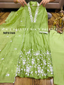 Embroidered Malmal Chanderi A-Line Kurti With Pant And Dupatta-ISKWSU0109NP3740