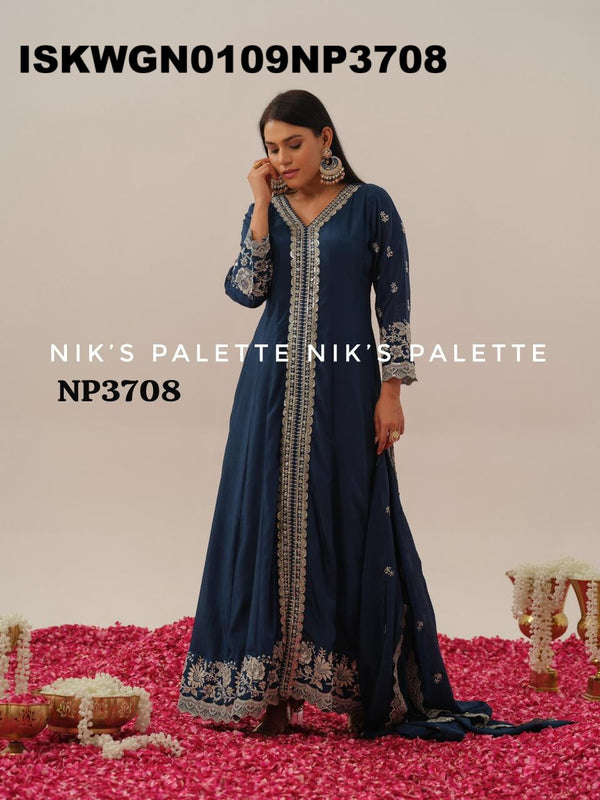 Embroidered Chinon Silk Front Slit Gown With Dupatta-ISKWGN0109NP3708