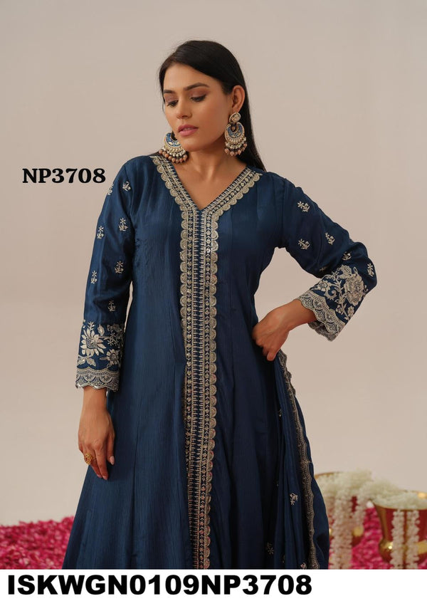 Embroidered Chinon Silk Front Slit Gown With Dupatta-ISKWGN0109NP3708