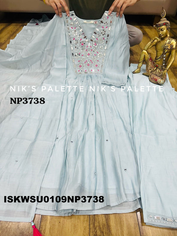 Embroidered Malmal Chanderi A-Line Kurti With Pant And Dupatta-ISKWSU0109NP3738