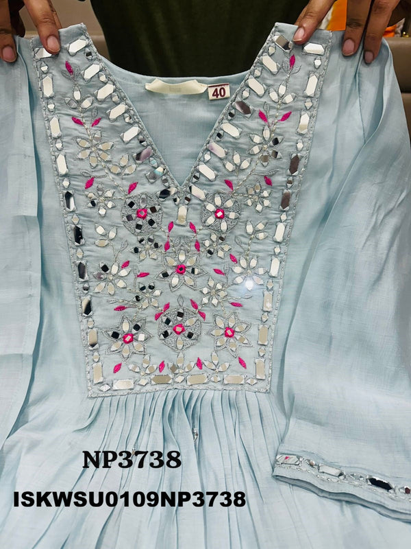 Embroidered Malmal Chanderi A-Line Kurti With Pant And Dupatta-ISKWSU0109NP3738