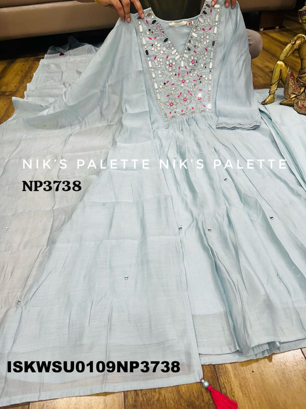 Embroidered Malmal Chanderi A-Line Kurti With Pant And Dupatta-ISKWSU0109NP3738