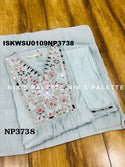 Embroidered Malmal Chanderi A-Line Kurti With Pant And Dupatta-ISKWSU0109NP3738