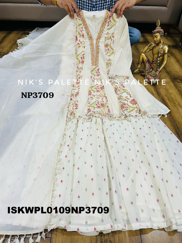 Embroidered Malmal Cotton Peplum Kurti With Palazzo And Dupatta-ISKWPL0109NP3709