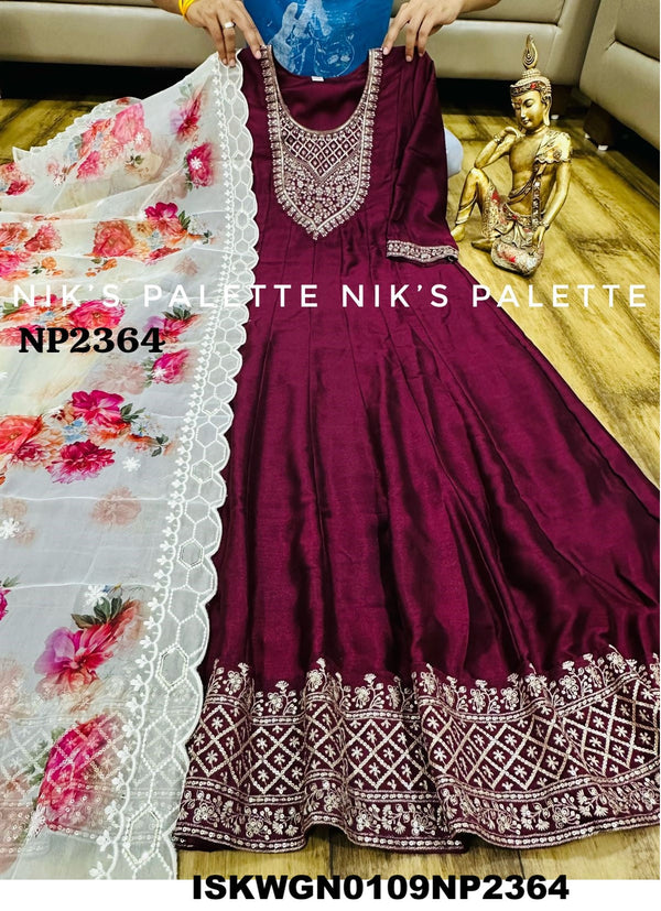 Embroidered Silk Gown With Digital Printed Organza Dupatta-ISKWGN0109NP2364