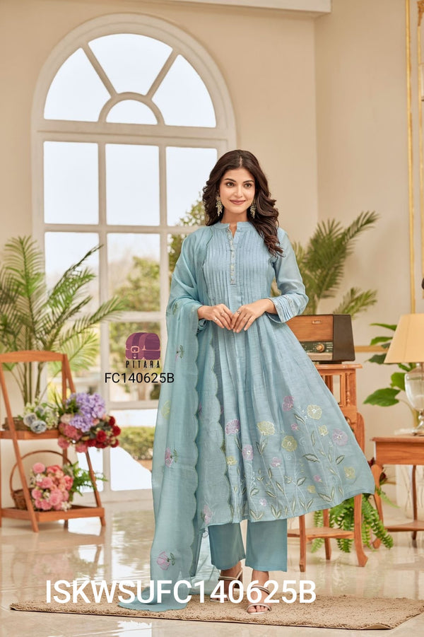 Embroidered Malmal Chanderi Kurti With Silk Pant And Dupatta-ISKWSUFC140625B
