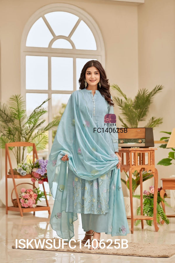 Embroidered Malmal Chanderi Kurti With Silk Pant And Dupatta-ISKWSUFC140625B