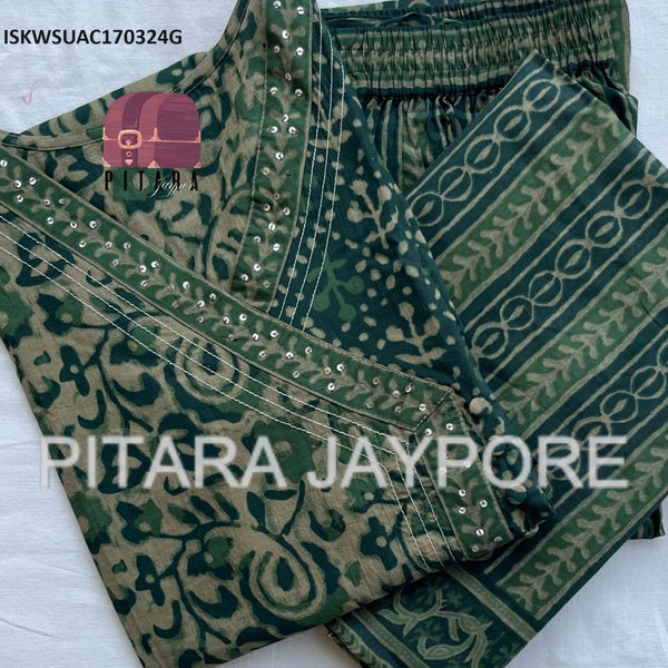 Batik Printed Cotton Kurti With Pant And Dupatta-ISKWSUAC170324G/AC170324M