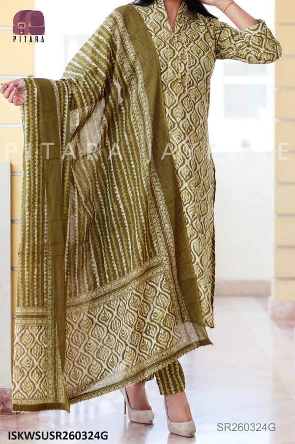 Batik Printed Cotton Kurti With Pant And Dupatta-ISKWSUSR260324G