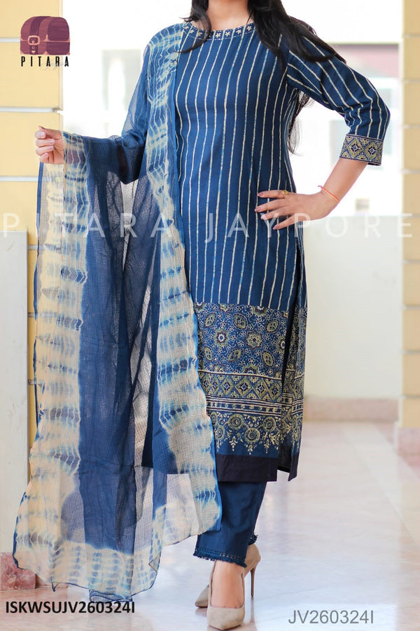 Ajrakh Printed Cotton Kurti With Pant And Shibori Printed Kota Dupatta-ISKWSUJV260324I