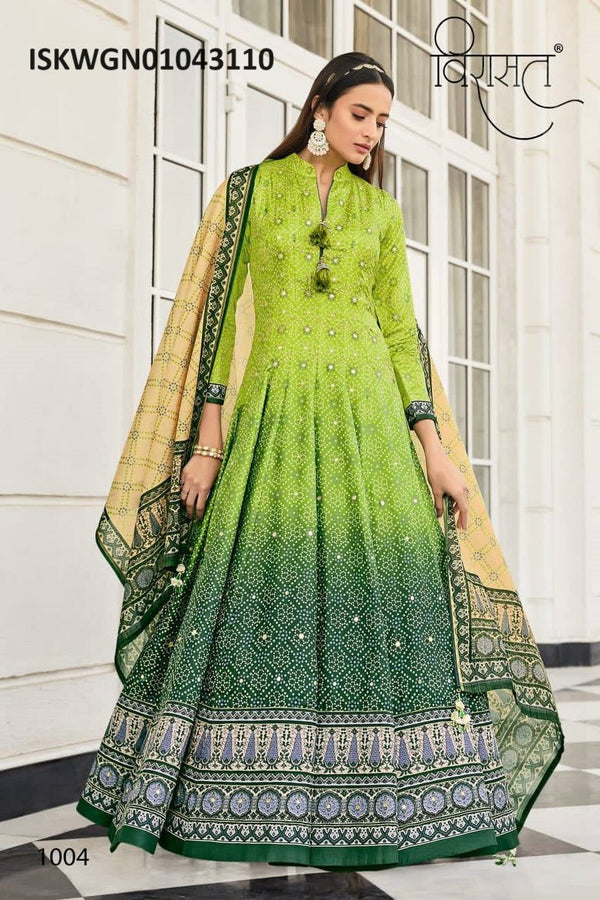 Bandhani Printed Dola Silk Gown With Digital Printed Jacquard Dupatta-ISKWGN01043110