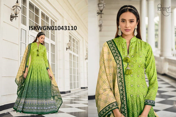 Bandhani Printed Dola Silk Gown With Digital Printed Jacquard Dupatta-ISKWGN01043110