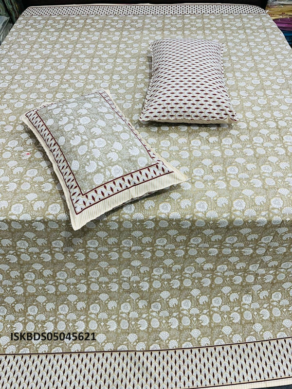 Cotton Jaipuri Printed King Size Bedsheet With Zipped Pillow Cover-ISKBDS05045621