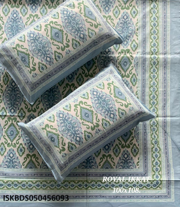Ikkat Printed Cotton Bedsheet With Pillow Cover-ISKBDS050456093
