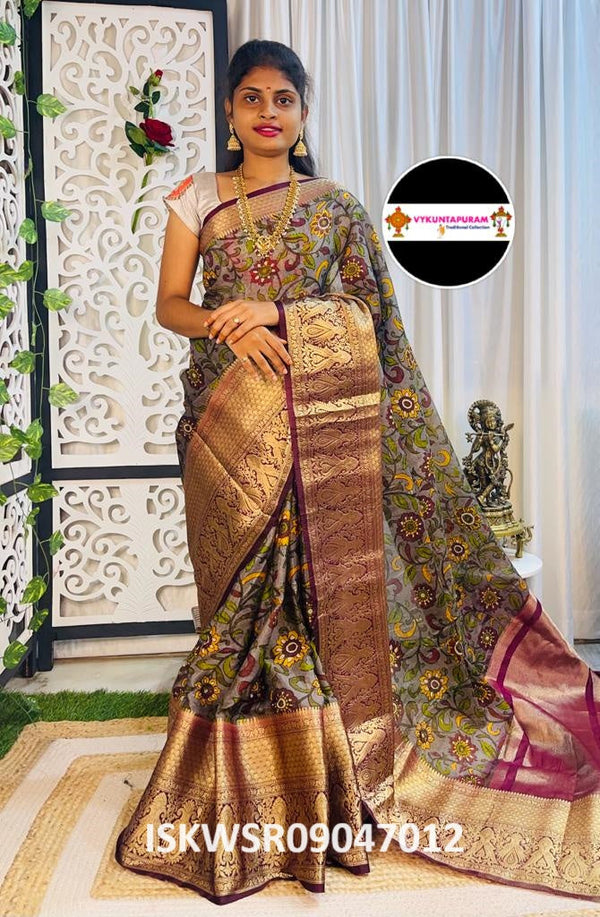 Kalamkari Printed Silk Saree With Contrast Blouse-ISKWSR09047012