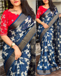 Printed Maslin Cotton Saree With Contrast Blouse-ISKWSR09047025