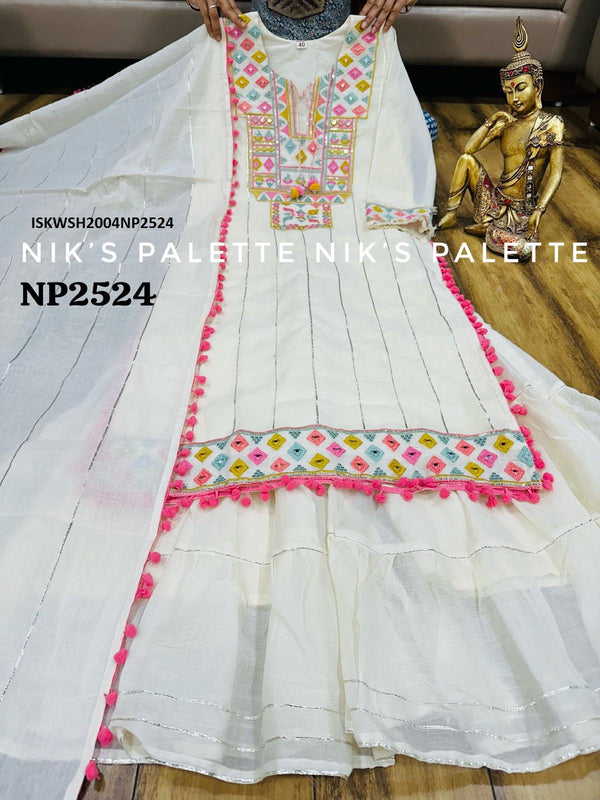 Embroidered Malmal Cotton Kurti With Sharara And Dupatta-ISKWSH2004NP2524