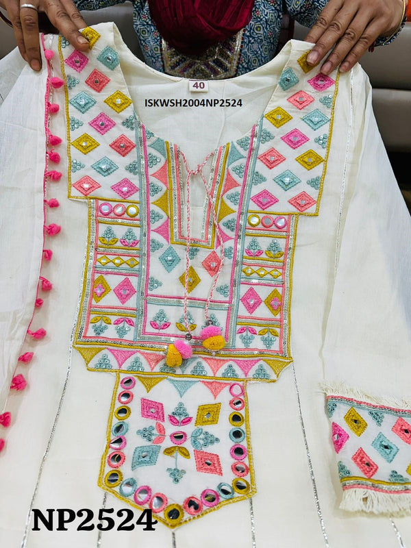 Embroidered Malmal Cotton Kurti With Sharara And Dupatta-ISKWSH2004NP2524